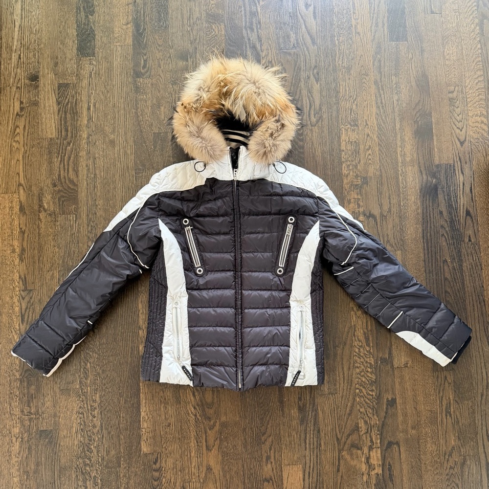 Bogner Black and White Ski Puffer Jacket with Fur Hood